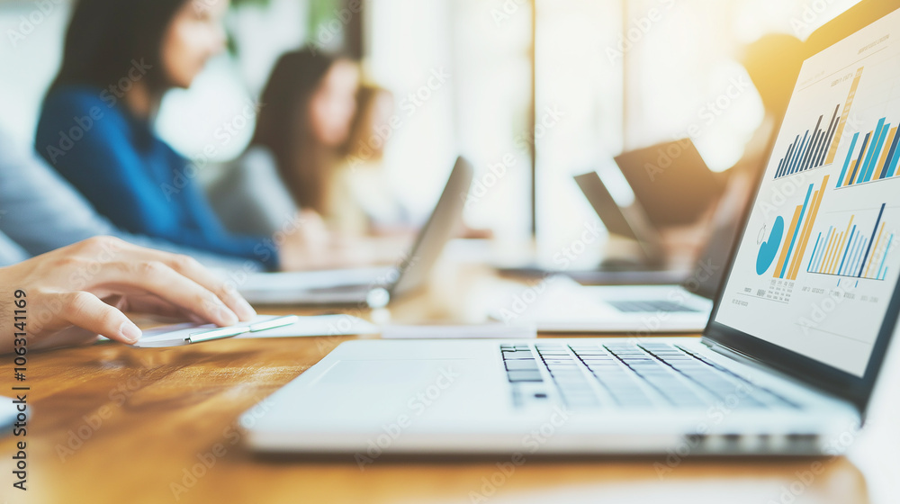 A professional working on a laptop in an office setting, with analytical charts displayed on the screen. Highlights productivity and data analysis. A professional working on a laptop in an office setting, with analytical charts displayed on the screen. Highlights productivity and data analysis.