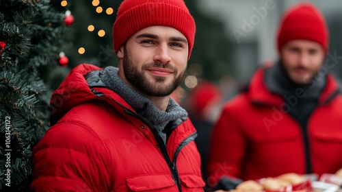 Man in a red jacket and a red hat is smiling. He is standing next to a Christmas tree