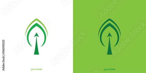 Tree Growth Up Logo. Abstract Tree Leaf and Arrow Up with Minimalist Style. Nature Grow Logo, Icon, Symbol, Vector, Design Inspiration.