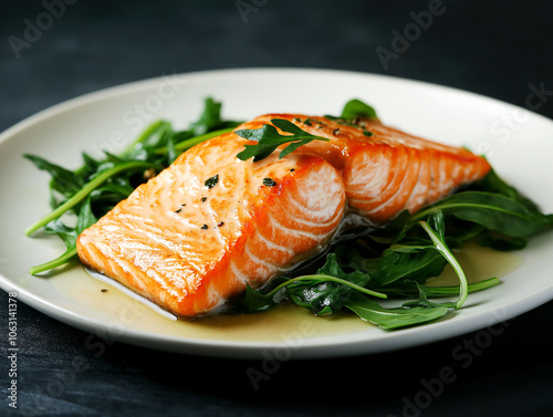 A seared salmon fillet placed on a bed of fresh spinach, presenting a healthy and protein-rich dish suitable for gourmet presentations and fine dining experiences. photo