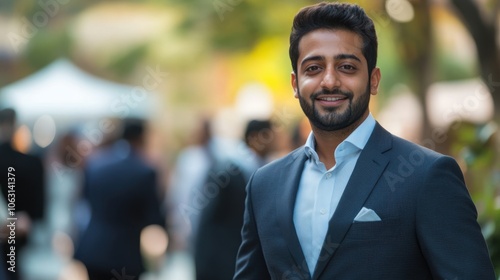 A confident Indian businessman in a tailored suit, networking