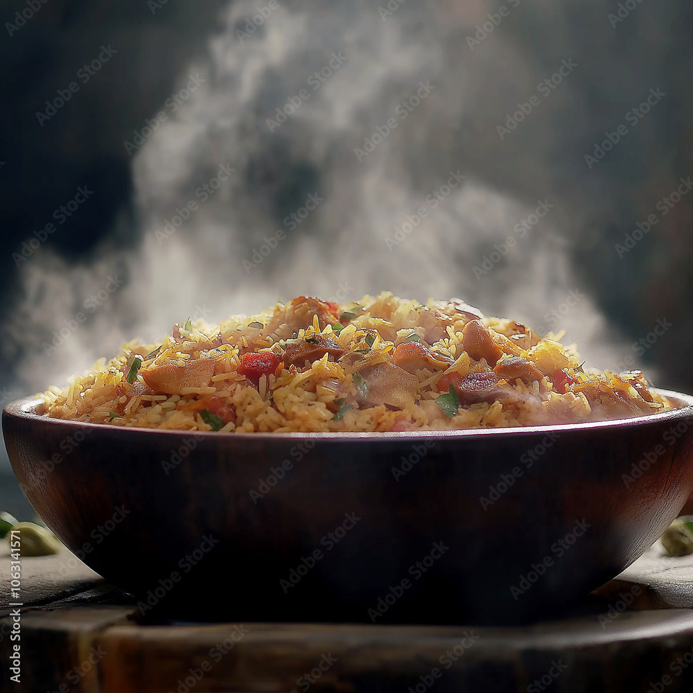 A steaming hot pot of hearty stew filled with meat, beans, and vegetables, emitting an aromatic cloud of rich flavors. Perfect for warming up on cold days. A steaming hot pot of hearty stew filled with meat, beans, and vegetables, emitting an aromatic cloud of rich flavors. Perfect for warming up on cold days.