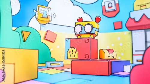 Whimsical Cartoon Illustration of Colorful Geometric Shapes and Playful Characters in a 3D Pop Art Style