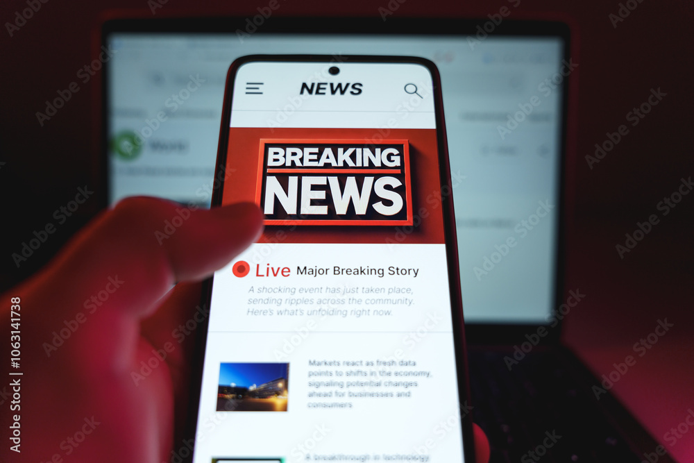 Naklejka premium Man holding cellphone and checking latest breaking news