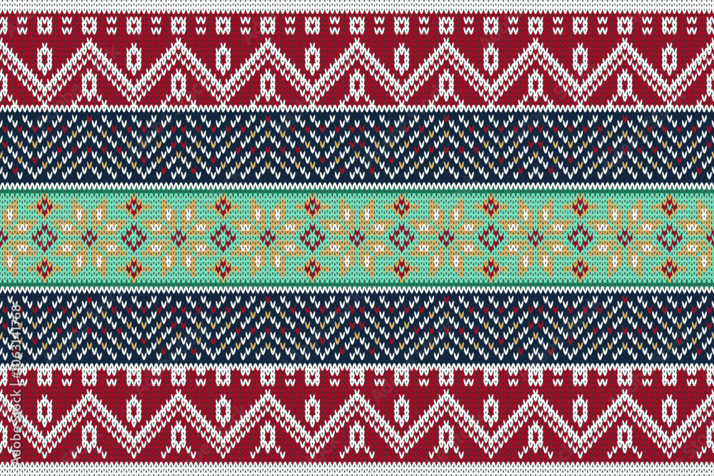 Knitting christmas tree seamless pattern geometric, snowman,ornament. Fabric Seamless pattern.Vector illustration. Ikat ethnic oriental embroidery,Aztec style,baroque.design for texture,clothing