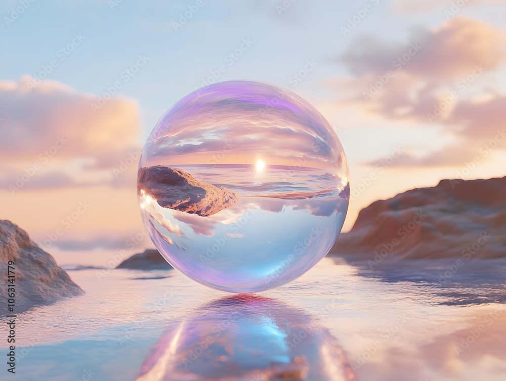 A stunning reflective sphere capturing serene landscapes and dreamy skies at sunset, perfect for artistic and tranquil visuals. A stunning reflective sphere capturing serene landscapes and dreamy skies at sunset, perfect for artistic and tranquil visuals.