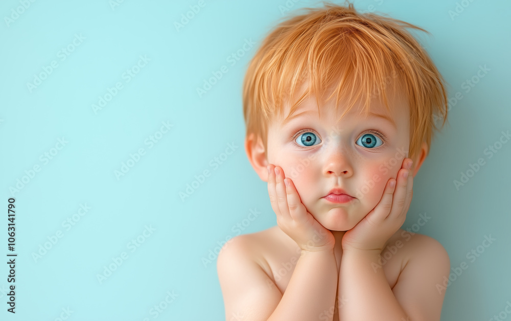Curious toddler with bright blue eyes and red hair making a cute face on a light background Curious toddler with bright blue eyes and red hair making a cute face on a light background