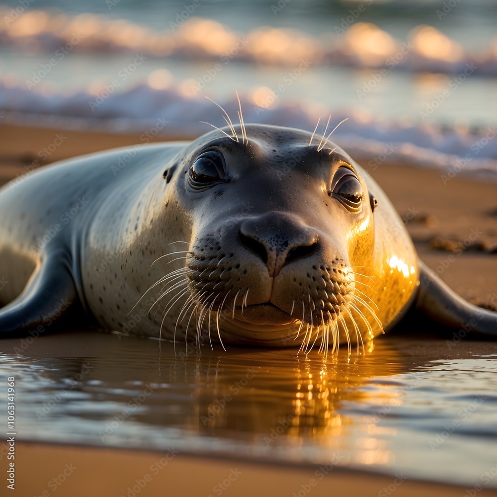 Obraz premium Golden Horizons: A Hawaiian Monk Seal's Sunset Silhouette