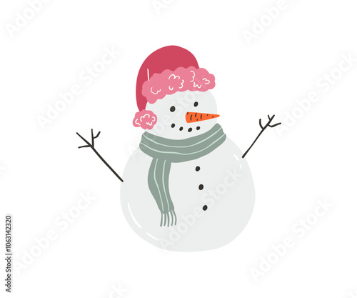 Cute snowman drawn in flat style. Winter, holidays, snow. Hand drawn vector illustration.