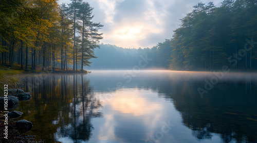 A Calm Lake Shrouded in Morning Fog, with Soft Light Reflecting on the Water’s Surface, Creating a Serene and Tranquil Atmosphere 