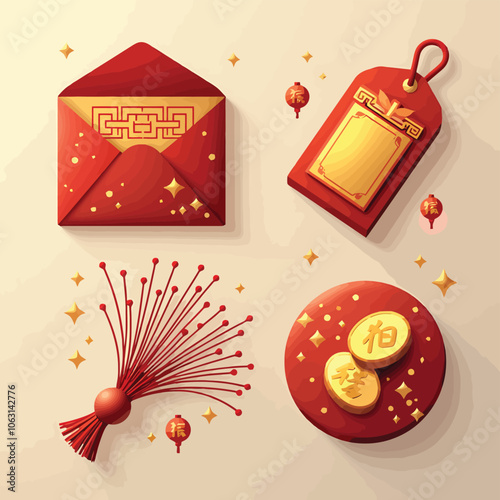 chinese new year greeting card with envelope, envelope, chinese money and fireworks