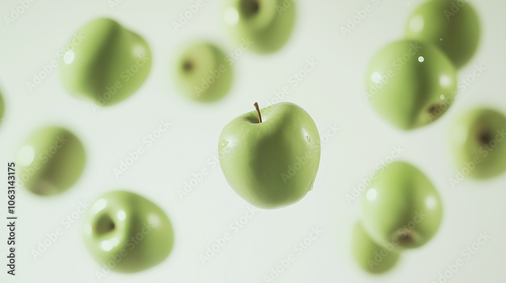 A collection of floating green apples on a light, airy background, giving a surreal, conceptual look. The scattered pattern highlights their freshness and floating effect.