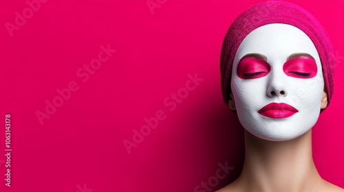 Woman with a white face mask and pink hair. She is looking at the camera. The background is pink