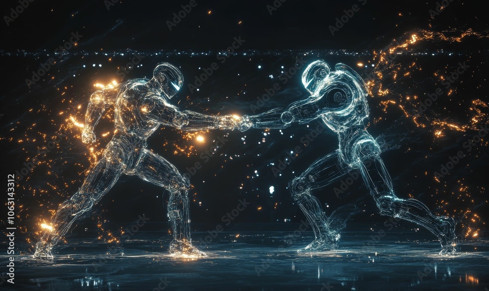 Two glowing robots clash in a dark space. Two glowing robots clash in a dark space.