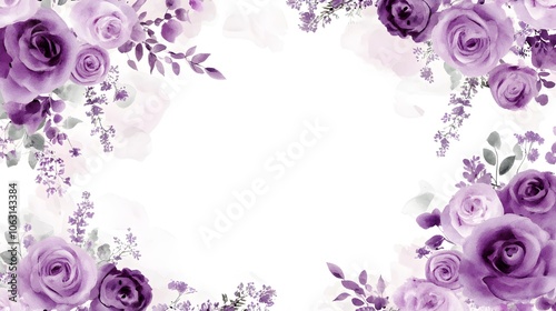 Elegant purple floral watercolor frames with lavender and roses for wedding card template. This botanical design features white space at the center