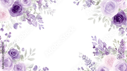 Elegant purple floral watercolor frames with lavender and roses for wedding card template. This botanical design features white space at the center