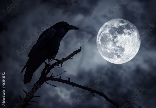 Silhouette of a Crow Perched on a Branch Under a Full Moon