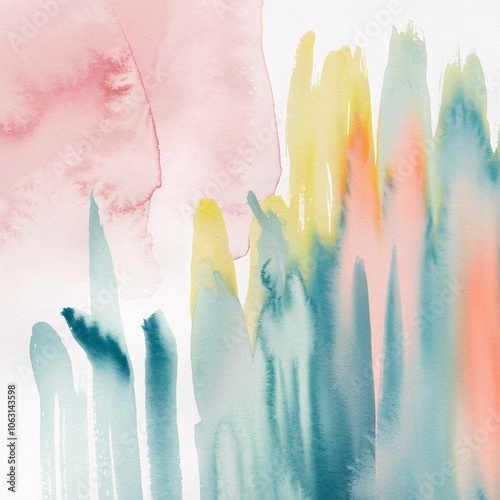 An abstract watercolor background with soft pink, blue, yellow, and green hues, Generative AI.