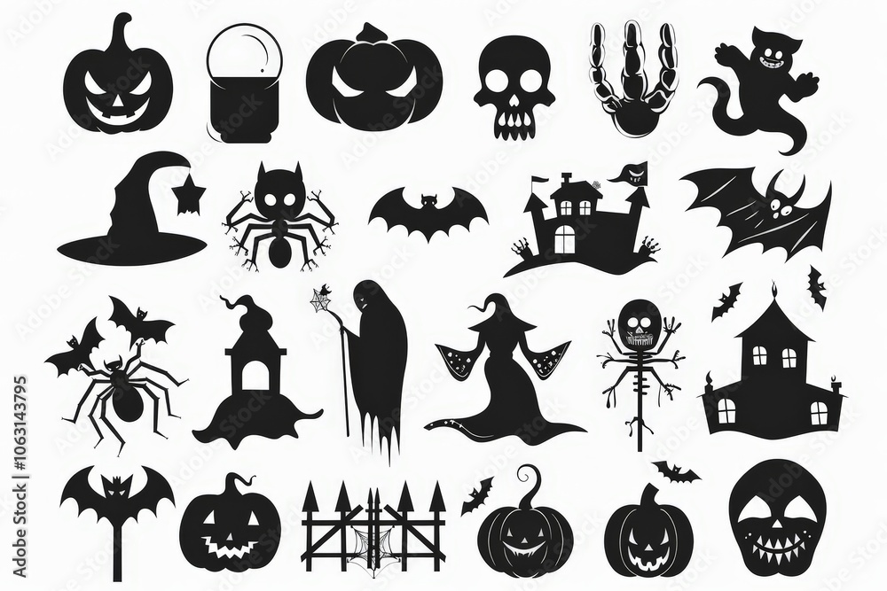 Halloween Icon Set Black and White Silhouettes Isolated On White Halloween Icon Set Black and White Silhouettes Isolated On White