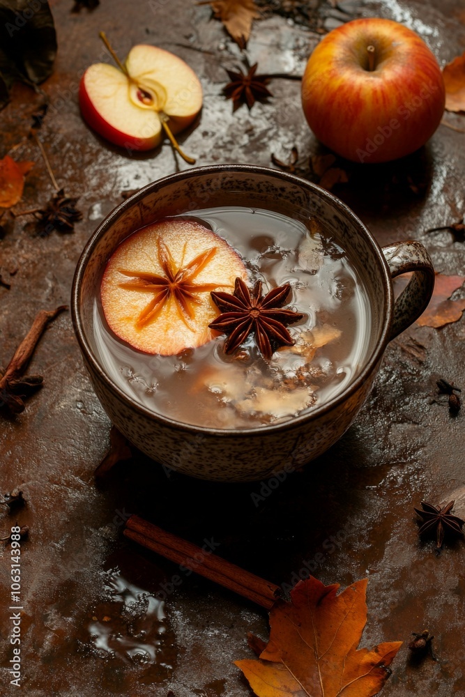 Apple Cider: A top-down view of a mug filled with warm apple cider, garnished with star anise and a floating cinnamon stick. Apple Cider: A top-down view of a mug filled with warm apple cider, garnished with star anise and a floating cinnamon stick.