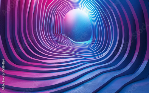 3D render of an abstract background with blue and purple gradient lines on a striped pattern in the style of a futuristic geometric shape.