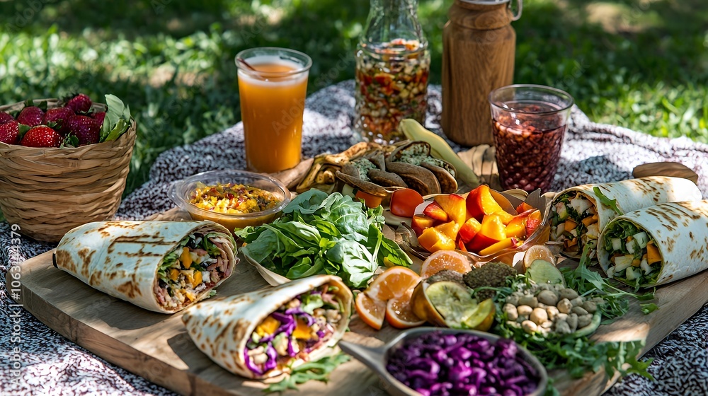 Fototapeta premium Picnic table with fresh food, drinks, and wraps.