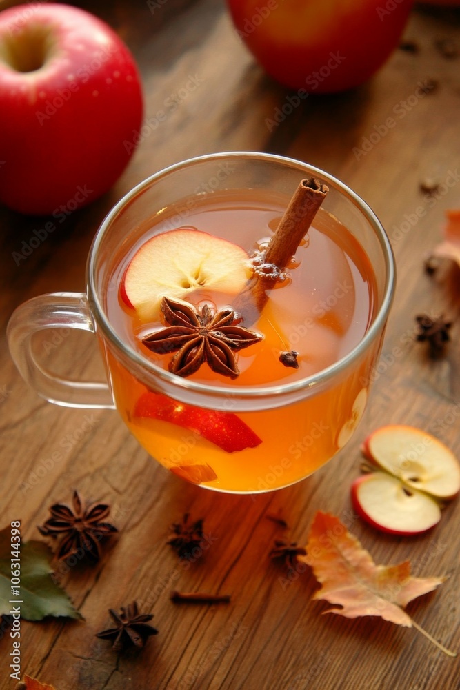 Apple Cider: A top-down view of a mug filled with warm apple cider, garnished with star anise and a floating cinnamon stick. Apple Cider: A top-down view of a mug filled with warm apple cider, garnished with star anise and a floating cinnamon stick.