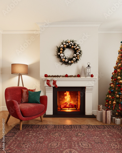 Cozy and attractive Christmas living room with a beautiful fireplace and elegant Christmas tree