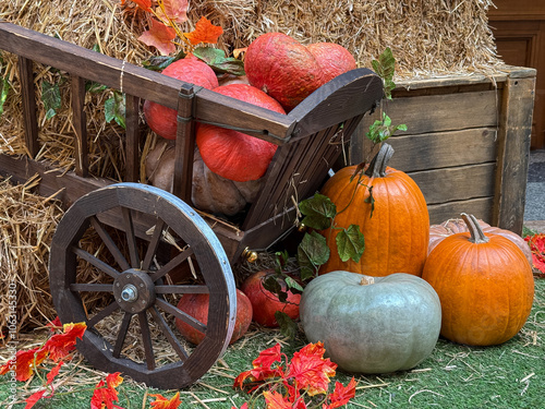 Autumn harvest scene with pumpkins and Halloween decor