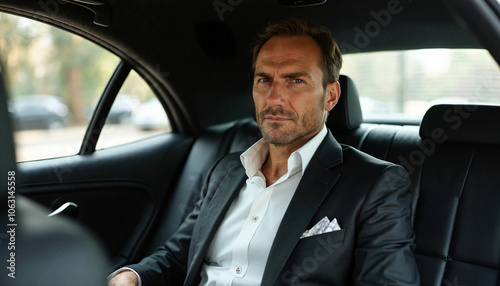 Wallpaper Mural A portrait of a middle-aged man with a beard, wearing a black suit with a white shirt and a pocket square. He is sitting in the back seat of a car, looking at the camera with a serious expression.
 Torontodigital.ca