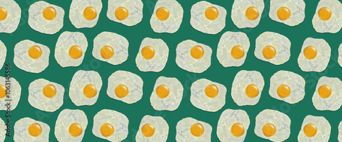 Graphic dimensional fried eggs pattern. Repeated cooked eggs on the green background.