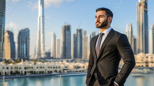 A Dubai businessman in a sleek suit standing confidently photo