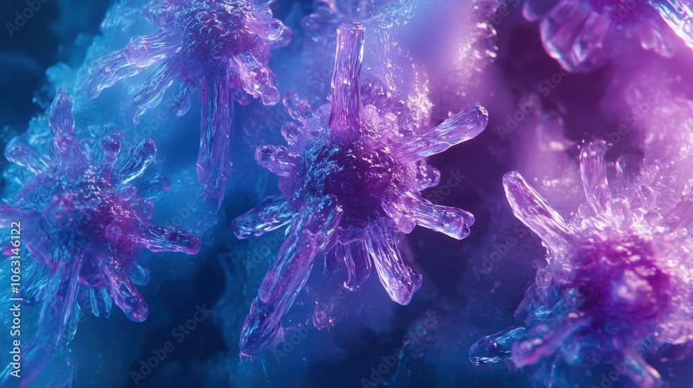 Abstract 3D depiction of a virus structure in a translucent, crystalline form over a pastel background. Abstract 3D depiction of a virus structure in a translucent, crystalline form over a pastel background.