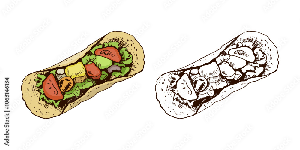 Taco top view. Hand-drawn colored and monochrome sketch of taco on white background. Fast food vintage illustration. Element for the design of labels, packaging and postcards Taco top view. Hand-drawn colored and monochrome sketch of taco on white background. Fast food vintage illustration. Element for the design of labels, packaging and postcards