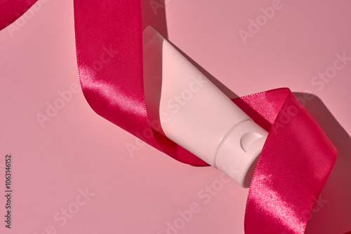 Top view of cosmetics with ribbon for Christmas and New Year photo