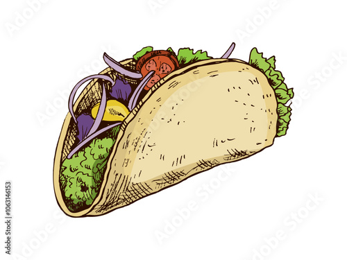 Hand-drawn colored sketch of taco on white background. Fast food vintage illustration. Element for the design of labels, packaging and postcards