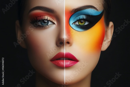 Half face of beautiful model with creative makeup in red and blue colors, showing before and after makeup transformation