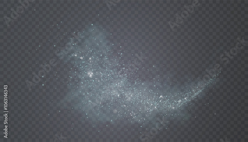 Glowing bokeh and glitter cloud effect with bright dust particles isolated on transparent background. Star cloud vector with glare and shine.