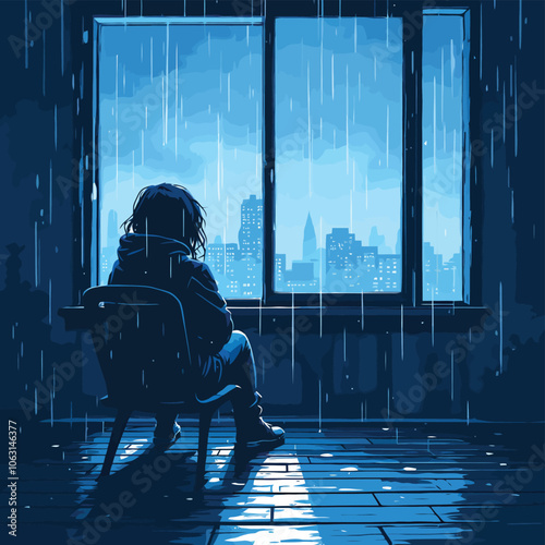 sad girl sitting alone in the rain vector