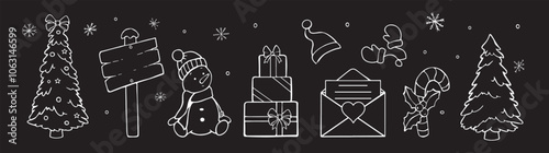 christmas set chalk on black background vector sketch