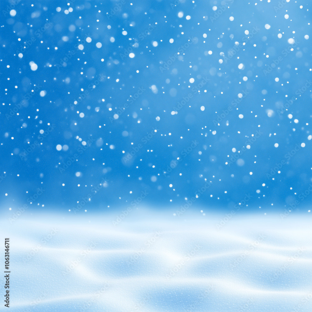 Gentle snowflakes falling softly on a serene winter landscape under a bright blue sky