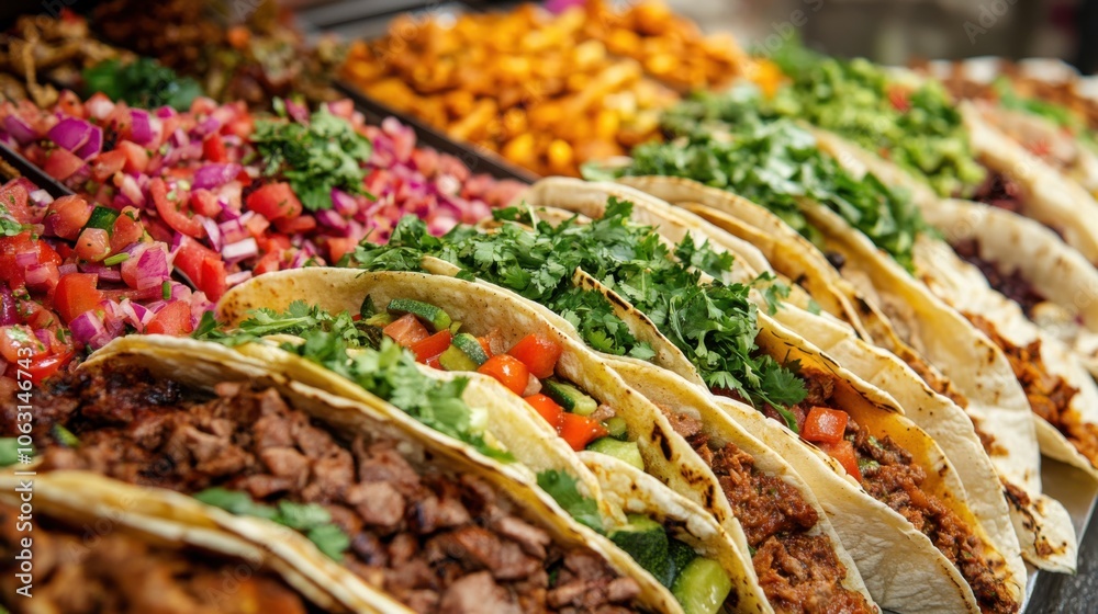 Fototapeta premium A feast of traditional Mexican tacos, filled with seasoned meats,