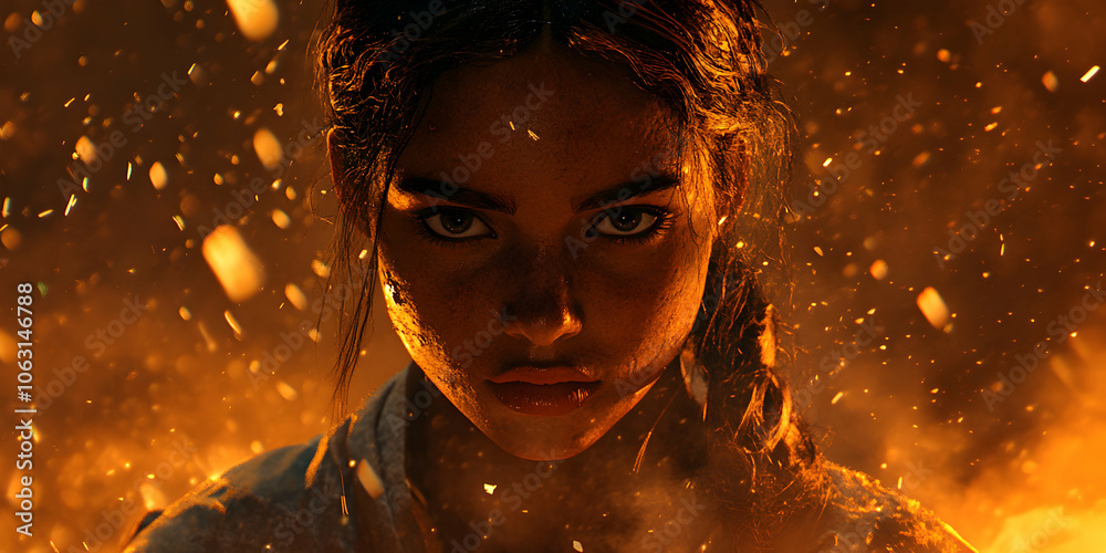A Close-Up Portrait of a Determined Woman with Sparks Flying Around Her, Her Eyes Are Focused and Intense, Suggesting a Story of Courage and Resilience A Close-Up Portrait of a Determined Woman with Sparks Flying Around Her, Her Eyes Are Focused and Intense, Suggesting a Story of Courage and Resilience