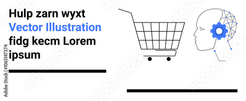 Shopping cart alongside human head with gear symbolizing AI. Ideal for e-commerce, AI, technology integration, innovation, digital marketing, future tech, business strategies. Banner for landing page