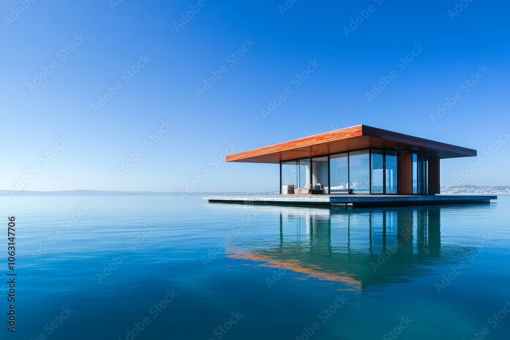 A modern floating house featuring broad water views and a clear horizon, showcasing floor-to-ceiling glass windows and a bold, contemporary architectural design. A modern floating house featuring broad water views and a clear horizon, showcasing floor-to-ceiling glass windows and a bold, contemporary architectural design.