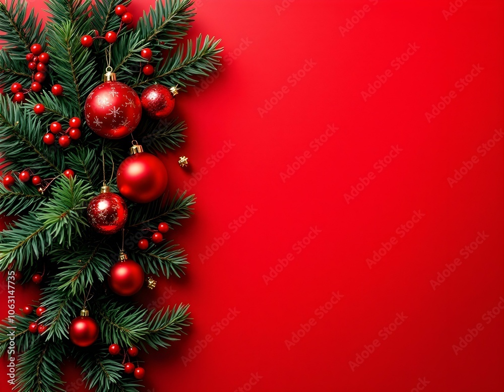 Elegant Minimalistic Holiday Background with Red Christmas Decorations, Fir Branches, and Berries - Festive and Modern Design for Seasonal Use Elegant Minimalistic Holiday Background with Red Christmas Decorations, Fir Branches, and Berries - Festive and Modern Design for Seasonal Use