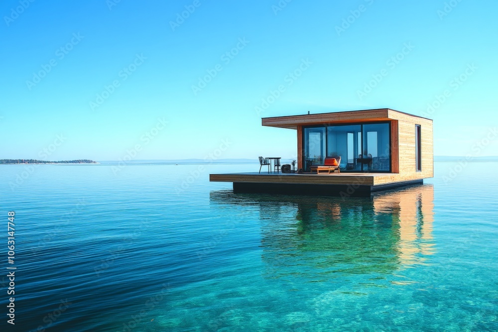 A compact yet luxurious modern floating retreat offers an ideal sanctuary on tranquil turquoise waters, featuring minimalist design and large glass openings to the ocean. A compact yet luxurious modern floating retreat offers an ideal sanctuary on tranquil turquoise waters, featuring minimalist design and large glass openings to the ocean.