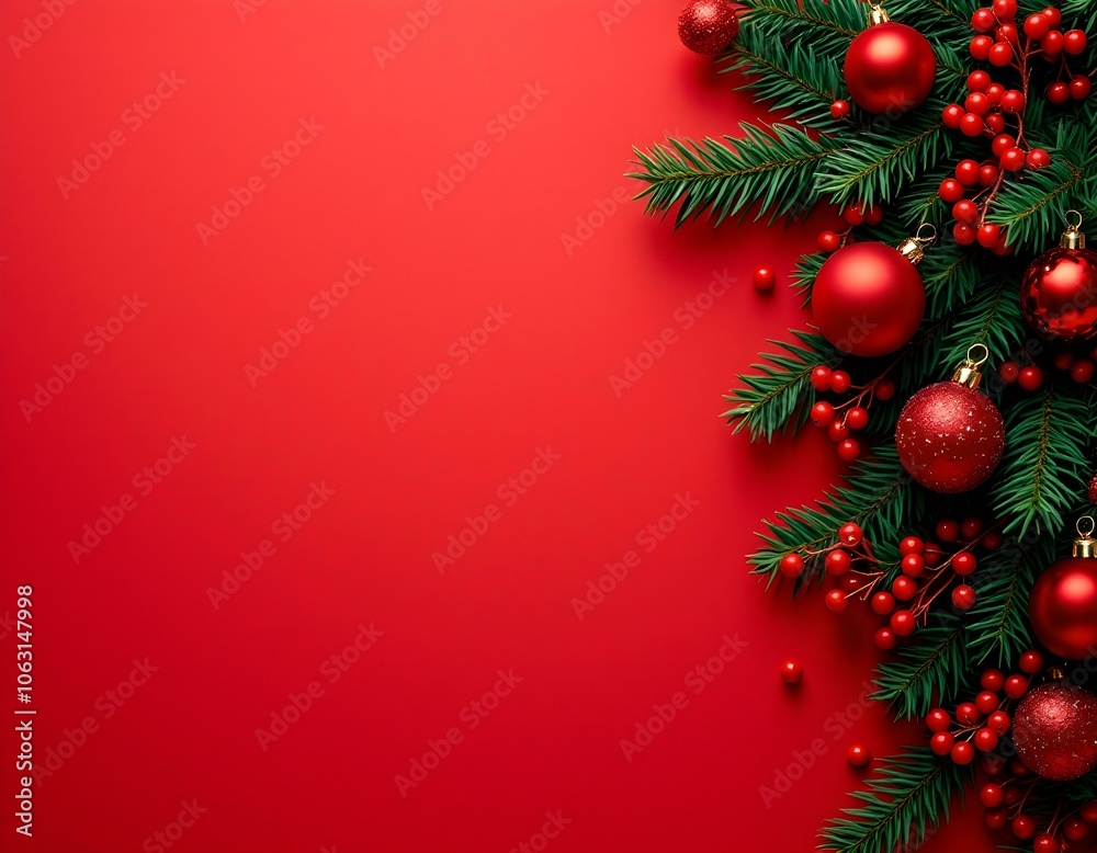 custom made wallpaper toronto digitalElegant Minimalistic Holiday Background with Red Christmas Decorations, Fir Branches, and Berries - Festive and Modern Design for Seasonal Use