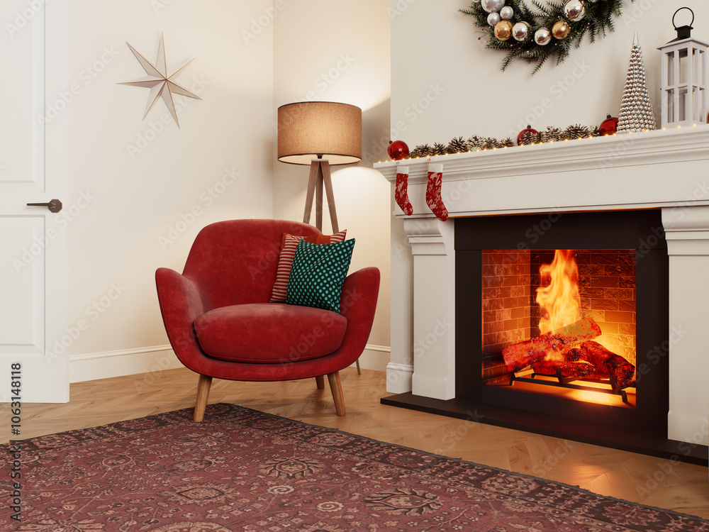 Naklejka premium Cozy living room with modern decor and a warm and cozy fireplace.
