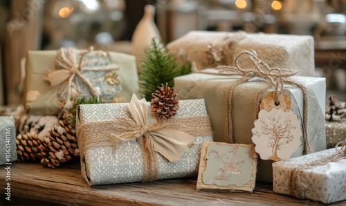 Rustic Christmas gifts with pine cones.